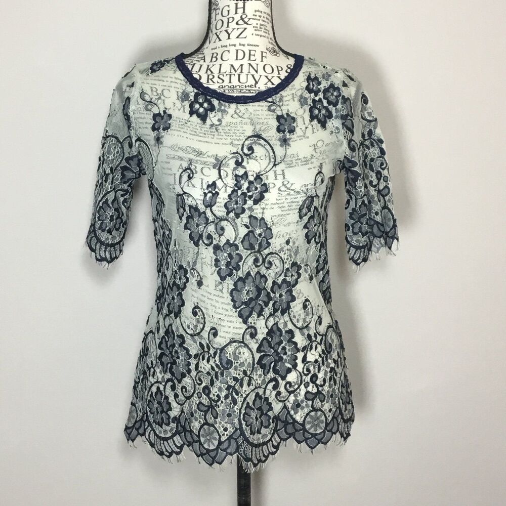 Sheer lacy blue white top eyelash lace floral pattern keyhole back fairycore S